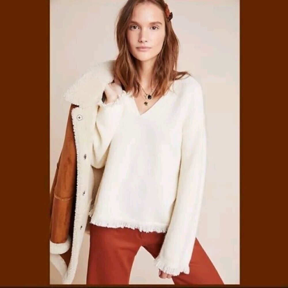 Anthropologie Joy Fringed V-Neck Long Sleeve Cream Wool Blend Sweater Size Med